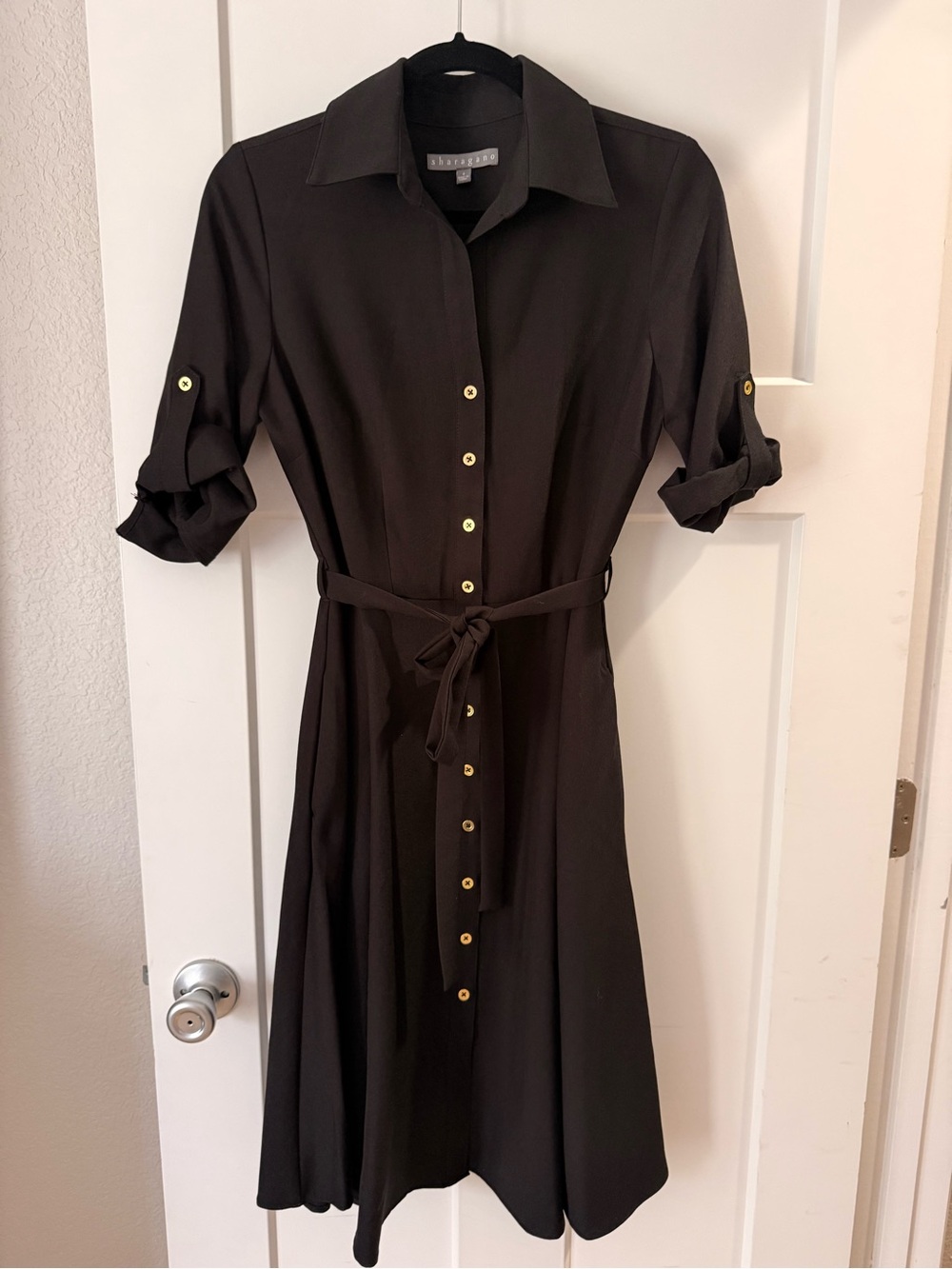 Sharagano Black Midi Shirt Dress with Gold-Tone Buttons and Waist Tie